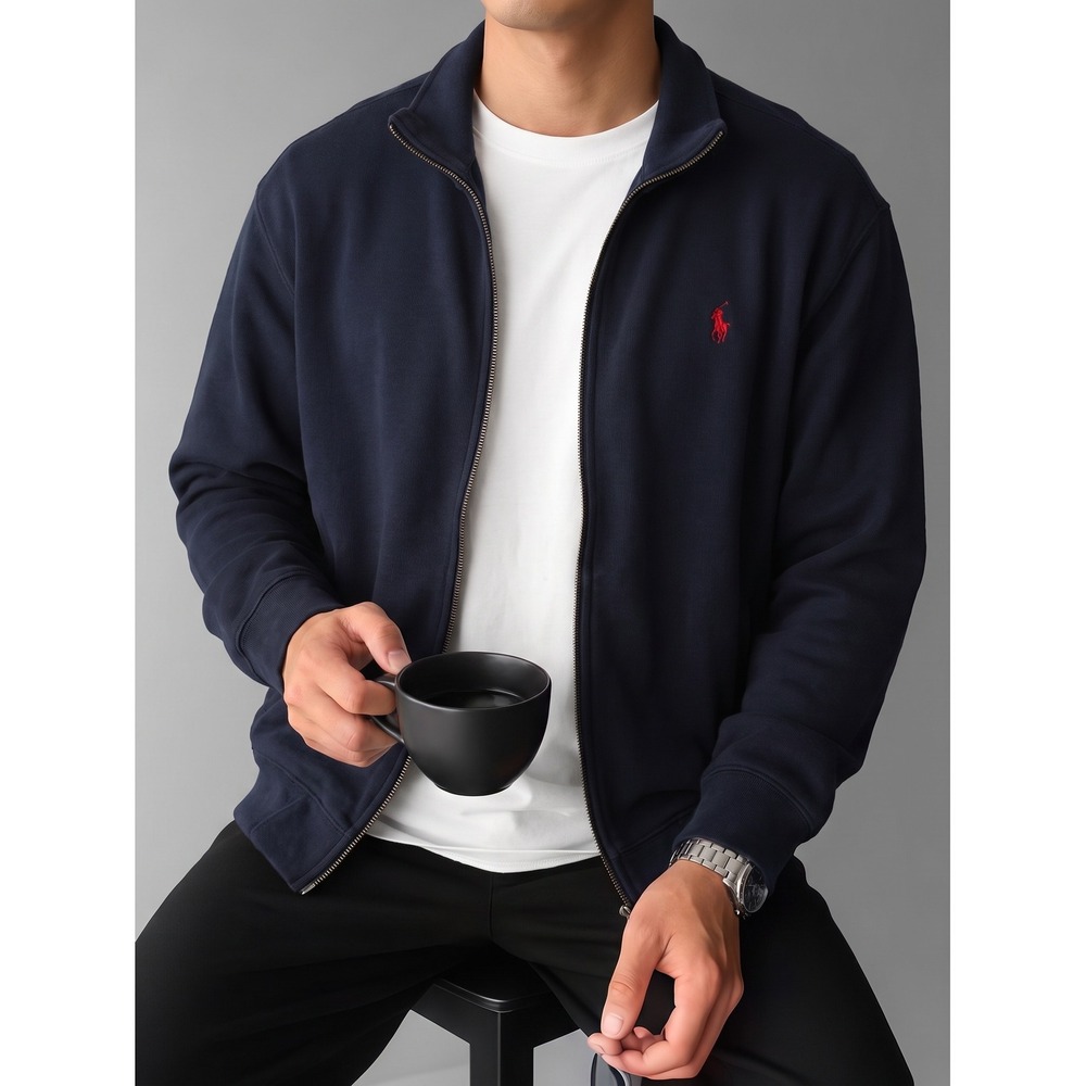 Polo Ralph Lauren Full Zip Sweater Mens Medium Navy Blue Cotton Pony Logo